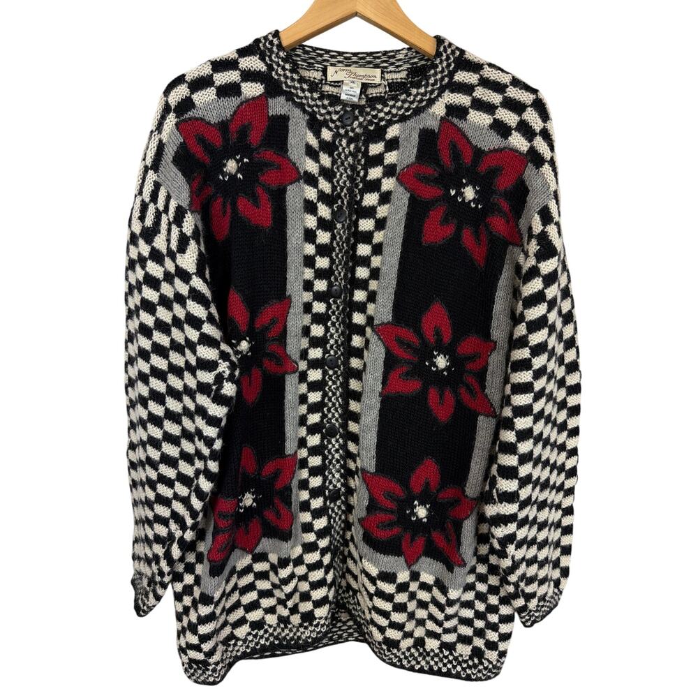 Vintage Norm Thompson 100% Alpaca Checkerboard Cardigan Sweater Handmade Peru XL